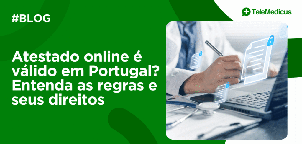Arte de capa com profissional de saúde, laptop e documento digital, destacando dúvidas sobre atestado online em Portugal.